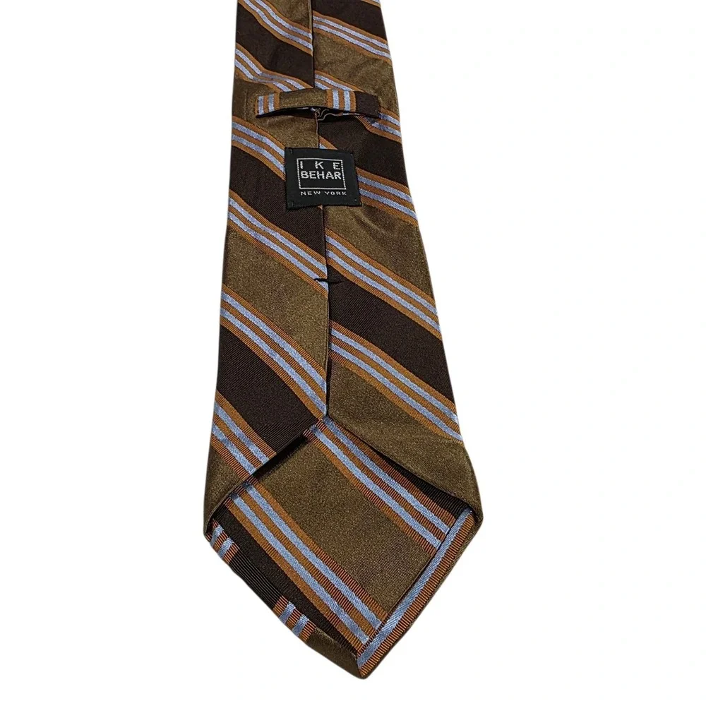 Ike Behar 7-Fold Mens Tie Necktie Designer Luxury Brown Blue‎ Stripe Cotton Silk